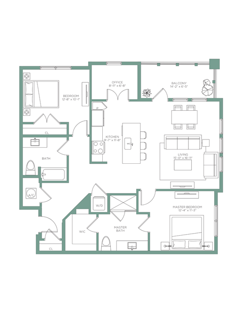 Floor plan for 2 beds, 2 baths, 1246 sqft